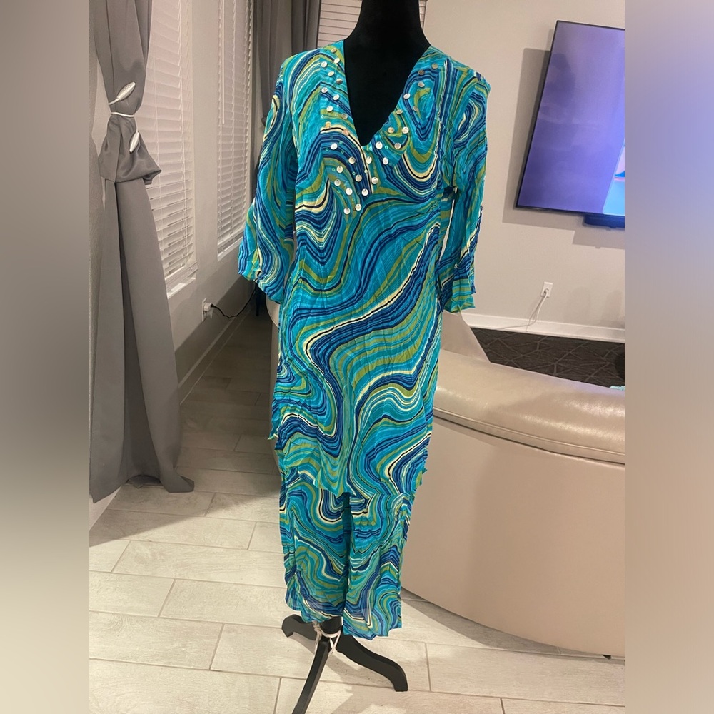 Soma 100% Silk beaded print tunic blouse & Cropped Pant Set Sz 1 / S - Picture 3 of 11